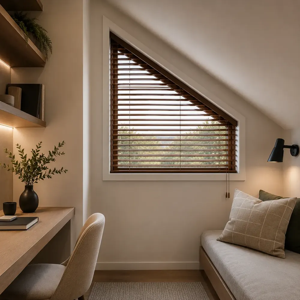 Custom cedar venetian blinds fitted to an angled gable window