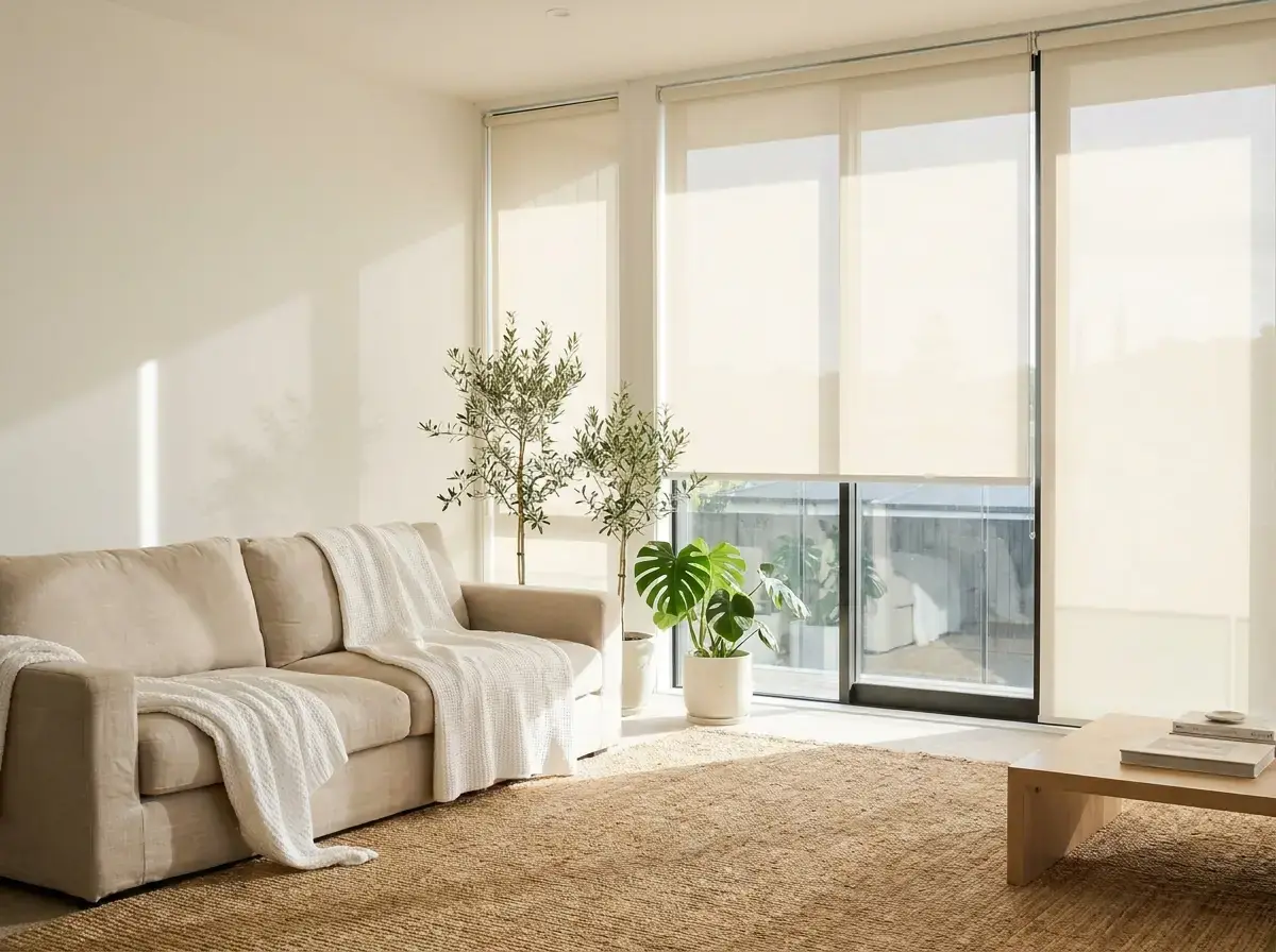 Cream roller blinds in a bright living room
