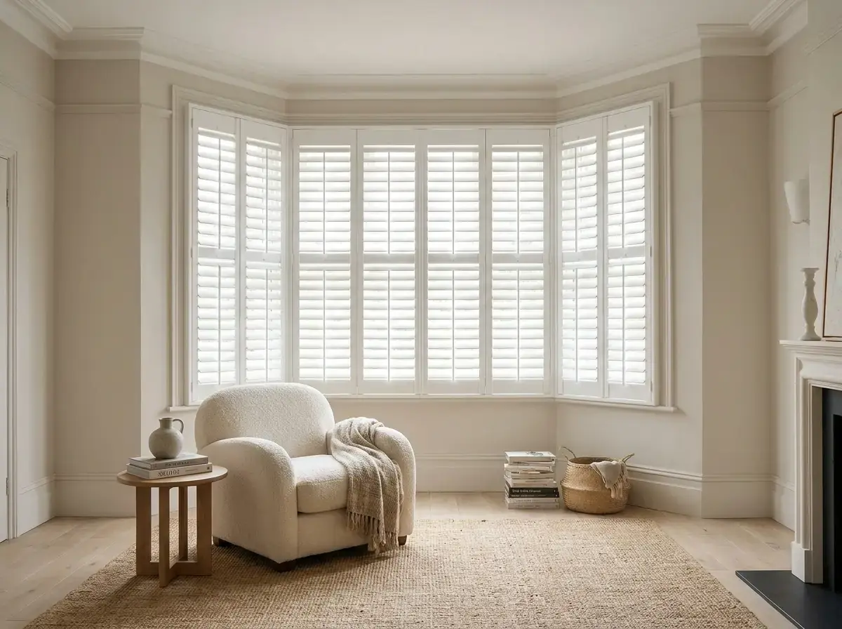 White plantation shutters on a bay window