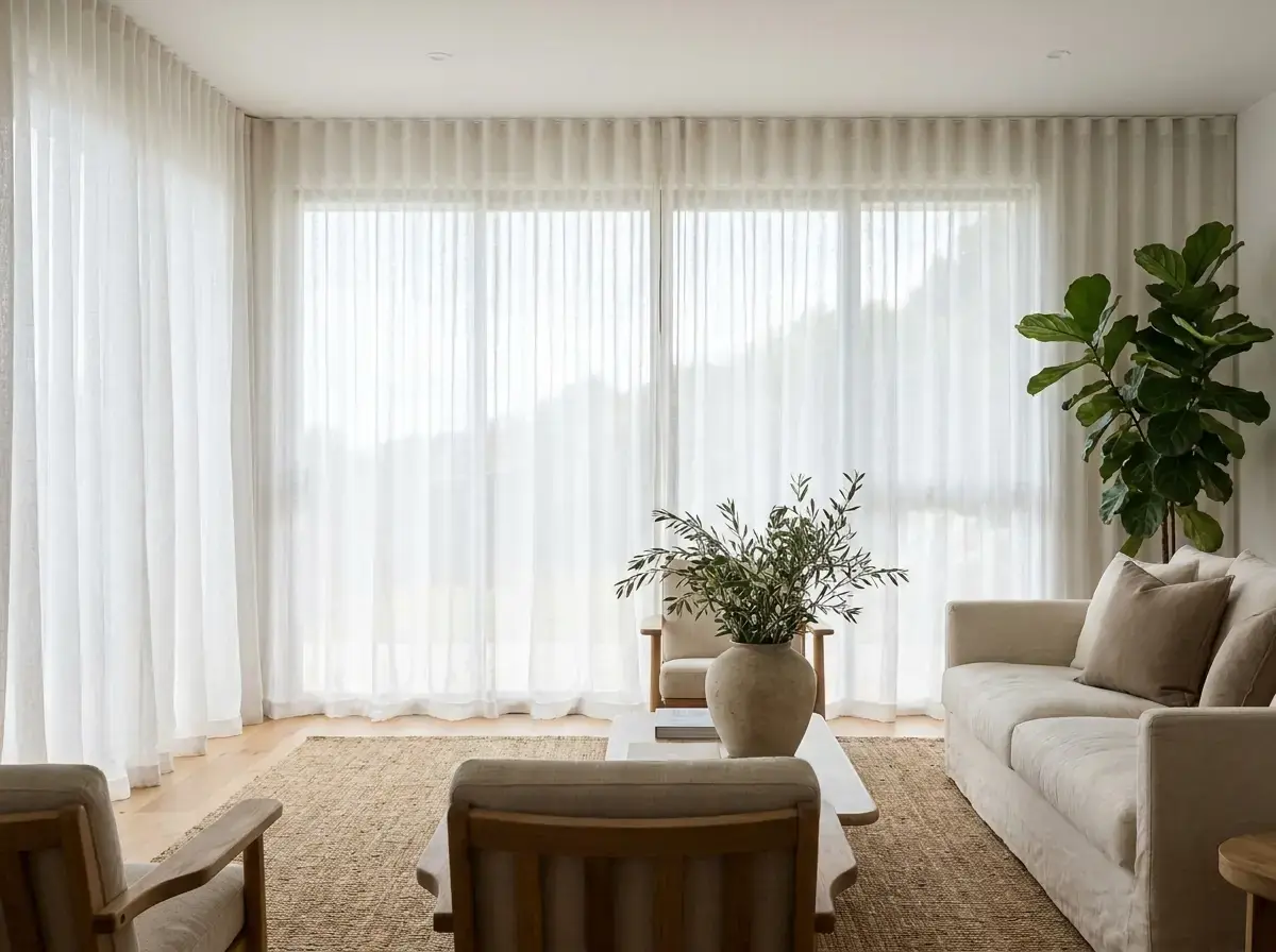 White textured sheer curtains draped over a sunlit living room window