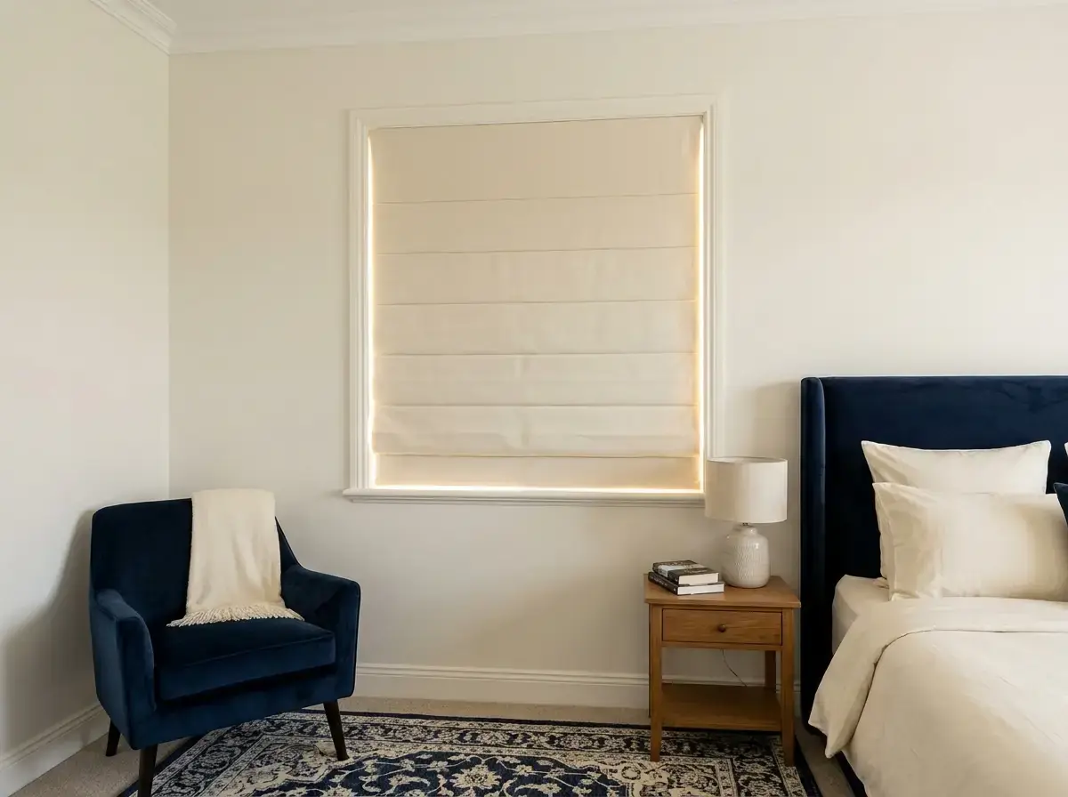 Cream blockout Roman blind on a bedroom window