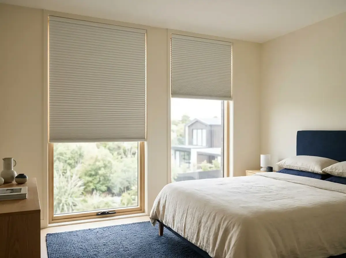 Soft white blockout honeycomb cellular blinds on twin bedroom windows