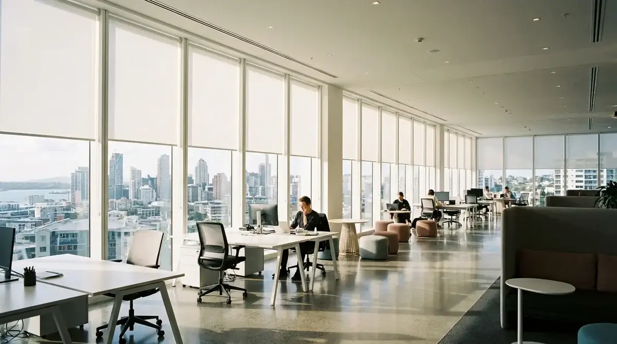 Modern open-plan Auckland office with floor-to-ceiling windows dressed in custom white roller blinds by Auckland Blind Specialists