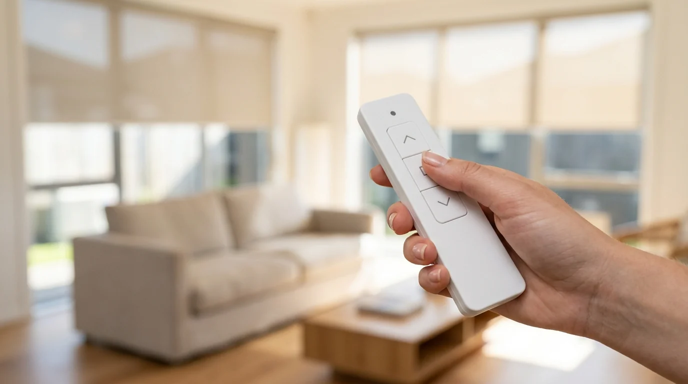 Roller blinds operated hands-free by a handheld remote in an Auckland living room